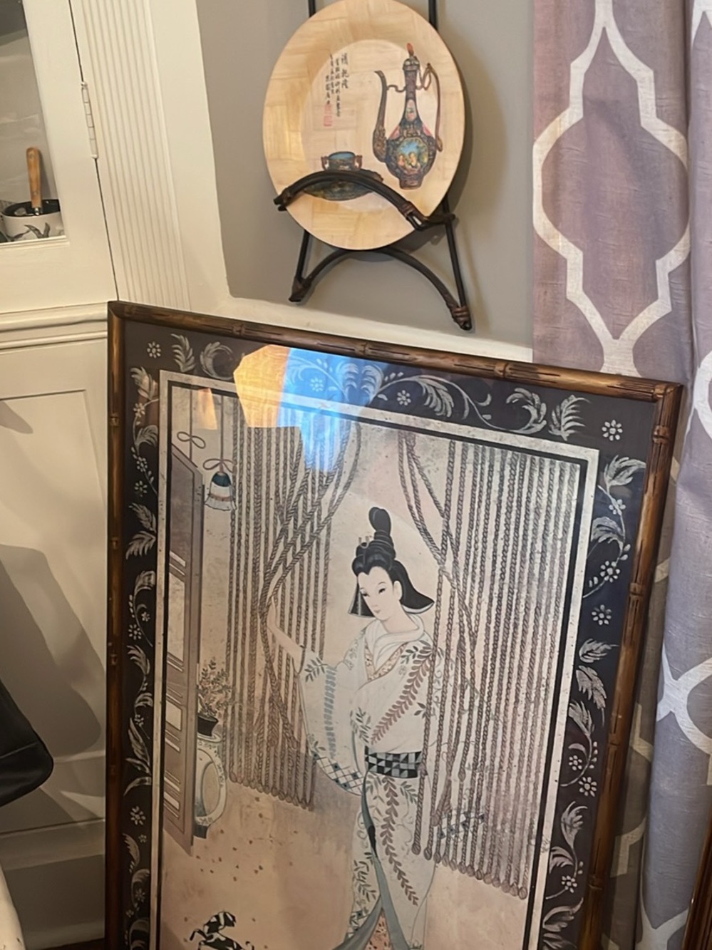 Framed Asian-Inspired Woman Wall Art - Black and Cream